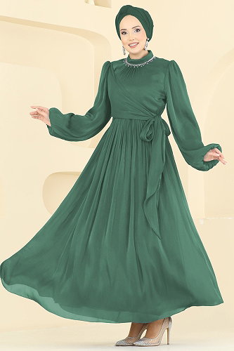 moda selvim Taş Detaylı Işıltılı Abiye 8162AB368 Koyu Mint - Thumbnail