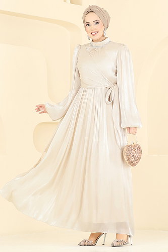 moda selvim Taş Detaylı Işıltılı Abiye 8162AB368 Krem - Thumbnail