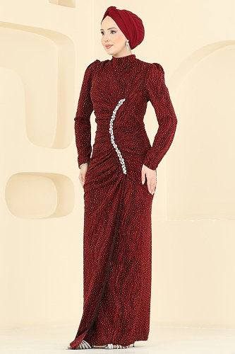 moda selvim Taş Detaylı Jakar Abiye 5804EDFK1198 Bordo - Thumbnail