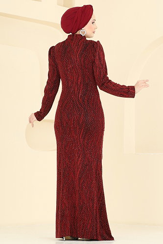 moda selvim Taş Detaylı Jakar Abiye 5804EDFK1198 Bordo - Thumbnail