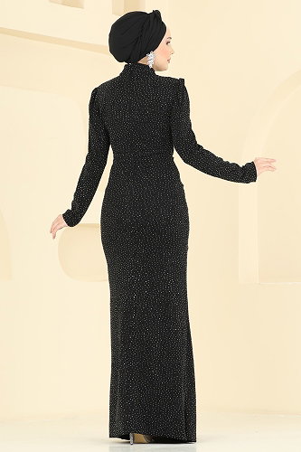 moda selvim Taş Detaylı Jakar Abiye 5804EDFK1198 Siyah - Thumbnail