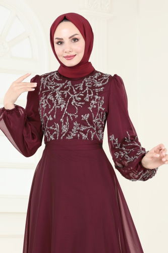 moda selvim Taş Detaylı Janjan Abiye 7005AB368 Bordo - Thumbnail