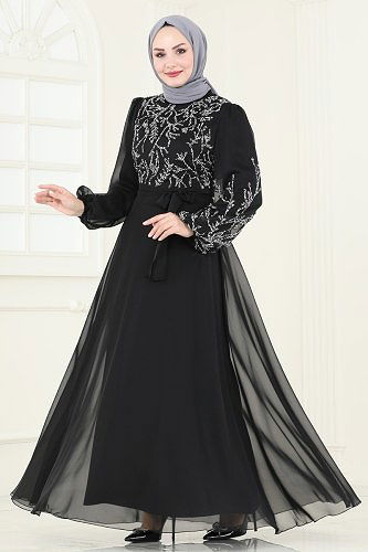 moda selvim Taş Detaylı Janjan Abiye 7005AB368 Siyah - Thumbnail