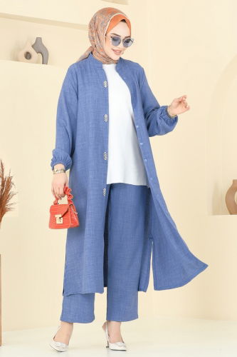moda selvim Taş Detaylı Keten Takım 3066HBS856 Açık İndigo - Thumbnail