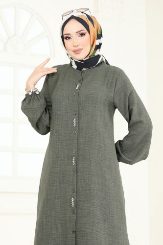 moda selvim Taş Detaylı Keten Takım 3066HBS856 Haki - Thumbnail