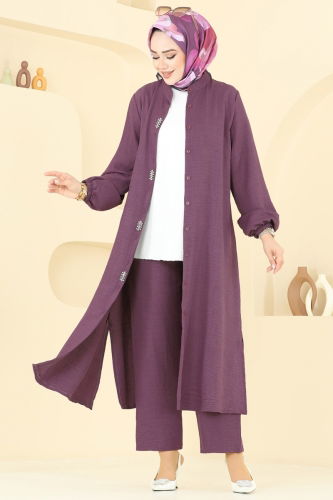 moda selvim Taş Detaylı Keten Takım 3066HBS856 Koyu Gül Kurusu - Thumbnail