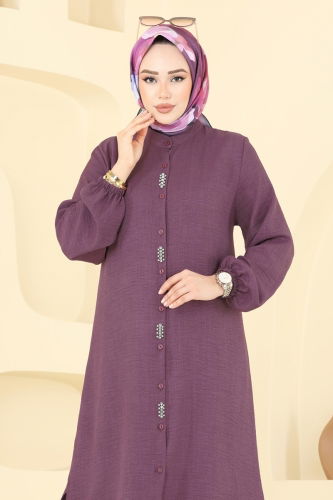 moda selvim Taş Detaylı Keten Takım 3066HBS856 Koyu Gül Kurusu - Thumbnail