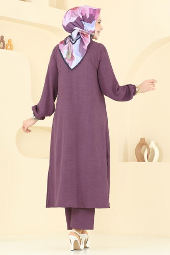 moda selvim Taş Detaylı Keten Takım 3066HBS856 Koyu Gül Kurusu - Thumbnail