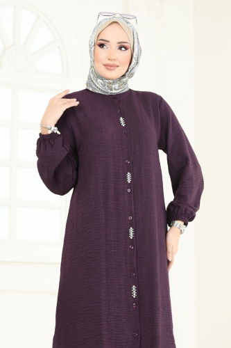 moda selvim Taş Detaylı Keten Takım 3066HBS856 Mürdüm - Thumbnail