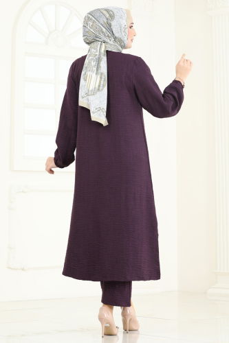 moda selvim Taş Detaylı Keten Takım 3066HBS856 Mürdüm - Thumbnail
