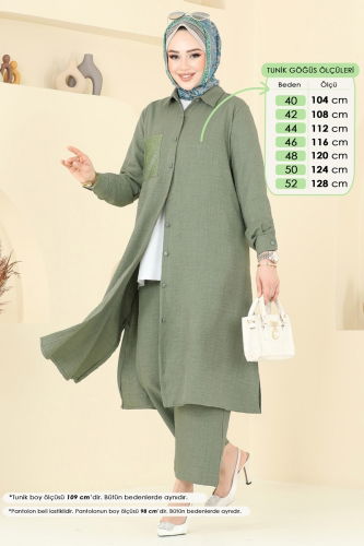 moda selvim Taş Detaylı Keten Takım 3087HBS856 Çağla - Thumbnail