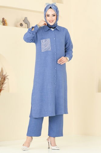 moda selvim Taş Detaylı Keten Takım 3087HBS856 İndigo - Thumbnail