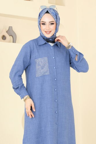 moda selvim Taş Detaylı Keten Takım 3087HBS856 İndigo - Thumbnail