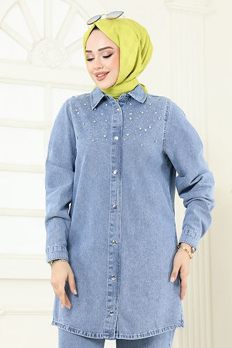 moda selvim Taş Detaylı Kot Takım 9007YLD1073 Açık Kot - Thumbnail