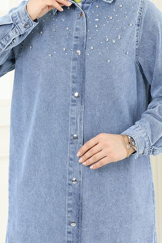 moda selvim Taş Detaylı Kot Takım 9007YLD1073 Açık Kot - Thumbnail