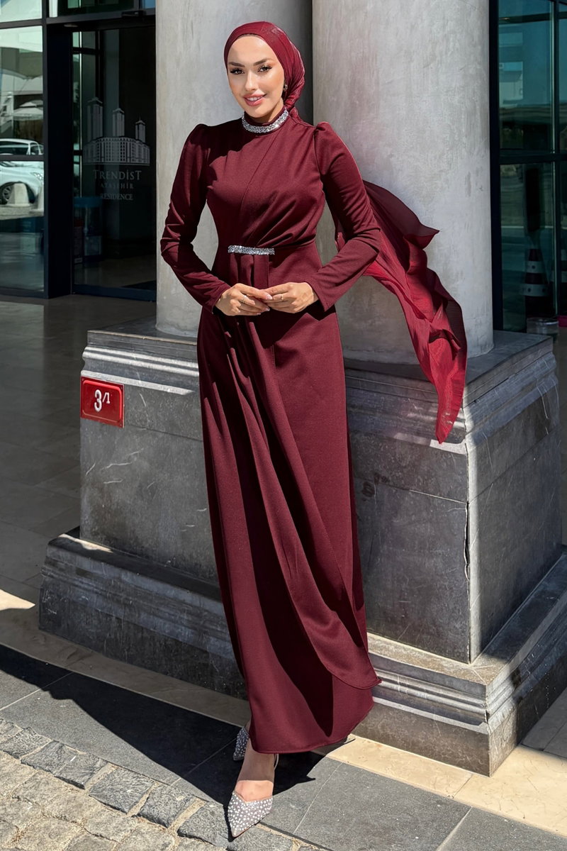 Taş Detaylı Krep Abiye 4645ALG474 Bordo