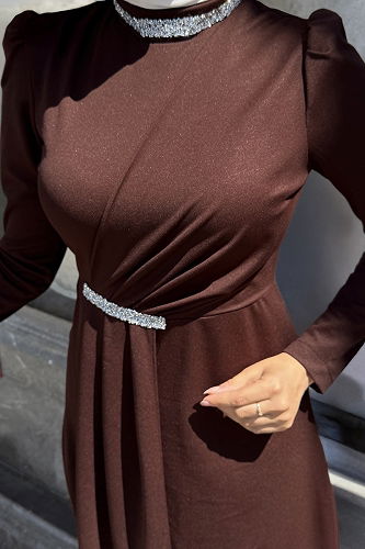 moda selvim Taş Detaylı Krep Abiye 4645ALG474 Kahve - Thumbnail