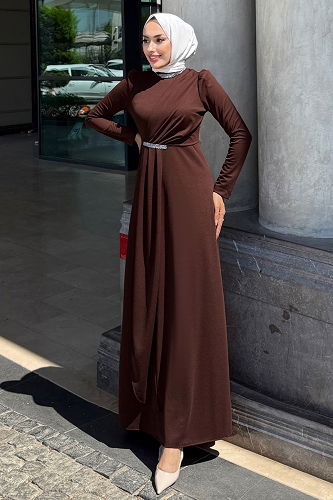 moda selvim Taş Detaylı Krep Abiye 4645ALG474 Kahve - Thumbnail