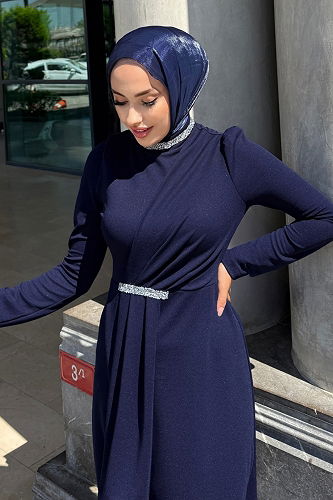 moda selvim Taş Detaylı Krep Abiye 4645ALG474 Laci - Thumbnail