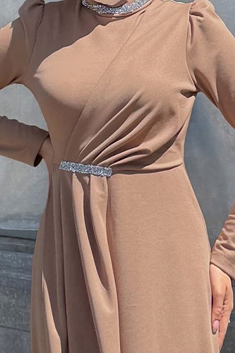 moda selvim Taş Detaylı Krep Abiye 4645ALG474 Vizyon - Thumbnail