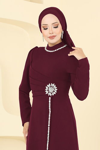 moda selvim Taş Detaylı Krep Abiye 8116ABK1075 Bordo - Thumbnail