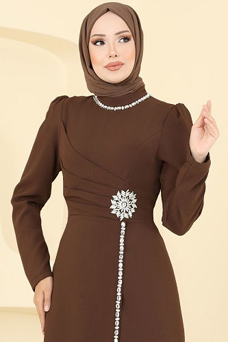 moda selvim Taş Detaylı Krep Abiye 8116ABK1075 Kahve - Thumbnail