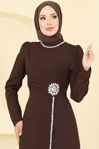 moda selvim Taş Detaylı Krep Abiye 8116ABK1075 Kahve - Thumbnail