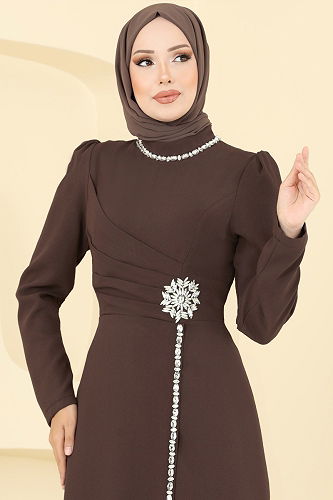 moda selvim Taş Detaylı Krep Abiye 8116ABK1075 Koyu Kahve - Thumbnail