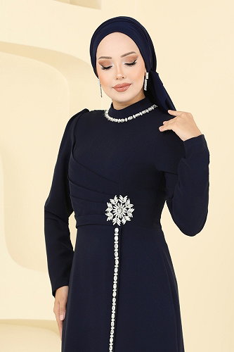 moda selvim Taş Detaylı Krep Abiye 8116ABK1075 Koyu Laci - Thumbnail