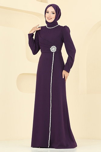 moda selvim Taş Detaylı Krep Abiye 8116ABK1075 Mor - Thumbnail