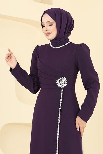 moda selvim Taş Detaylı Krep Abiye 8116ABK1075 Mor - Thumbnail