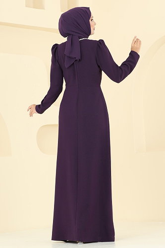 moda selvim Taş Detaylı Krep Abiye 8116ABK1075 Mor - Thumbnail