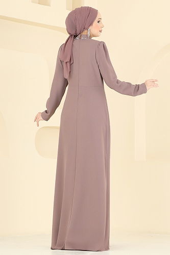 moda selvim Taş Detaylı Krep Abiye 8116ABK1075 Pudra - Thumbnail