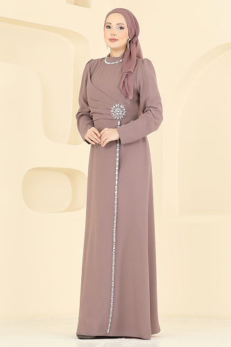 moda selvim Taş Detaylı Krep Abiye 8116ABK1075 Pudra - Thumbnail