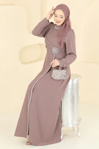 A.B.K. - Taş Detaylı Krep Abiye 8116ABK1075 Pudra