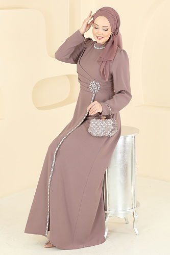 moda selvim Taş Detaylı Krep Abiye 8116ABK1075 Pudra - Thumbnail