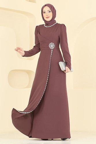 moda selvim Taş Detaylı Krep Abiye 8116ABK1075 Pudra Vizyon - Thumbnail