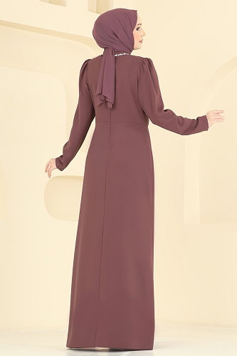 moda selvim Taş Detaylı Krep Abiye 8116ABK1075 Pudra Vizyon - Thumbnail