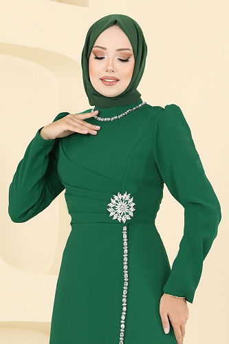 moda selvim Taş Detaylı Krep Abiye 8116ABK1075 Zümrüt - Thumbnail