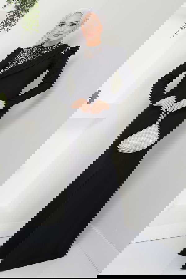 Modaselvim SEPETTE NET %20+%20 İNDİRİM Taş Detaylı Krep Abiye ASM2708 Siyah&Gümüş