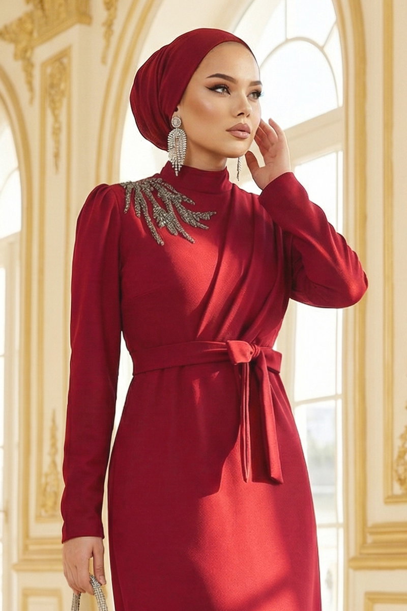 Taş Detaylı Krep Elbise 0846LVA1173 Bordo