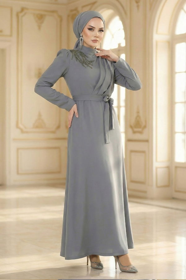 Modaselvim Elbise Taş Detaylı Krep Elbise 0846LVA1173 Gri