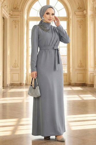 moda selvim Taş Detaylı Krep Elbise 0846LVA1173 Gri - Thumbnail