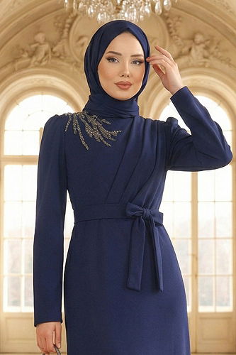 moda selvim Taş Detaylı Krep Elbise 0846LVA1173 Laci - Thumbnail