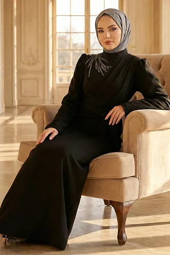 moda selvim Taş Detaylı Krep Elbise 0846LVA1173 Siyah - Thumbnail