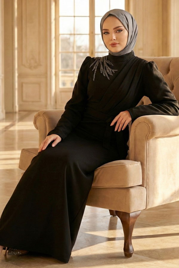 Modaselvim Elbise Taş Detaylı Krep Elbise 0846LVA1173 Siyah
