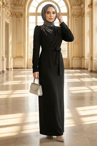 moda selvim Taş Detaylı Krep Elbise 0846LVA1173 Siyah - Thumbnail