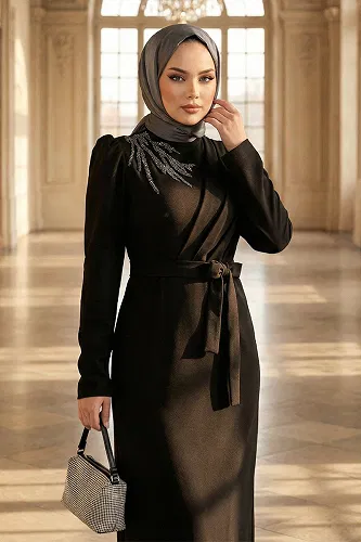 moda selvim Taş Detaylı Krep Elbise 0846LVA1173 Siyah - Thumbnail