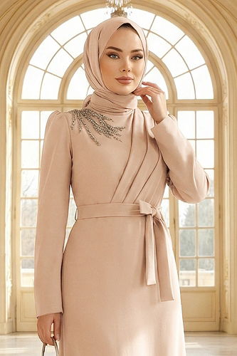 moda selvim Taş Detaylı Krep Elbise 0846LVA1173 Vizyon - Thumbnail