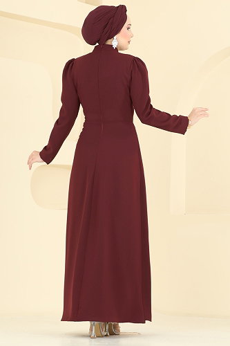 moda selvim Taş Detaylı Krep Elbise 5812EDFK1198 Bordo - Thumbnail